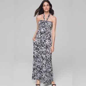 Soma Faye Maxi Halter Dress With Built In Bra Sz Sm Black White Gray Polka Dot